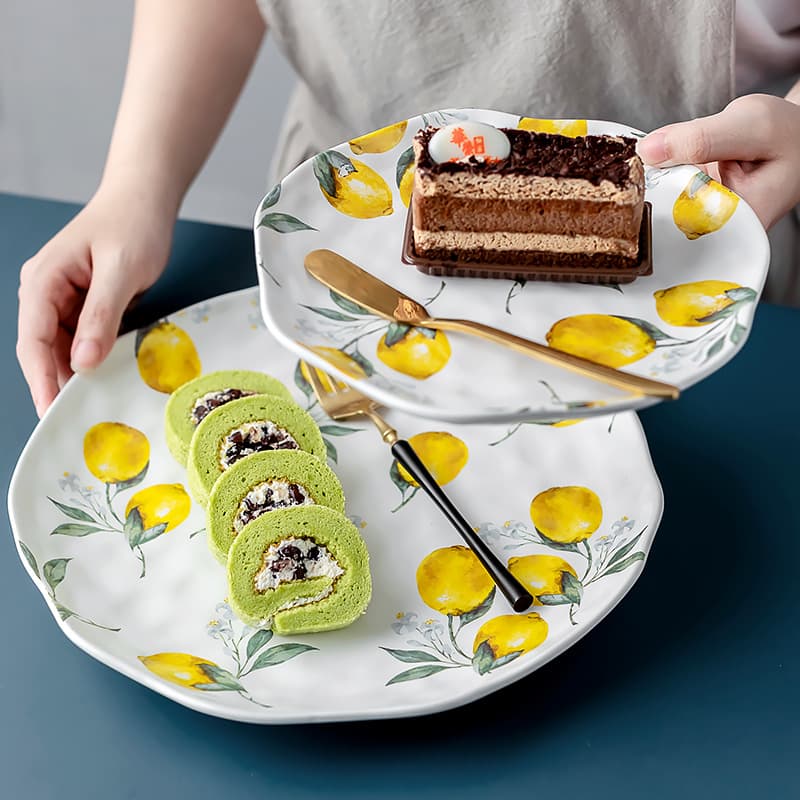 Ins-Style Dinner Plate, Home Ceramic Plate, Light Luxury Restaurant Western Food Steak Plate, Fresh Lemon Cake Plating Tray