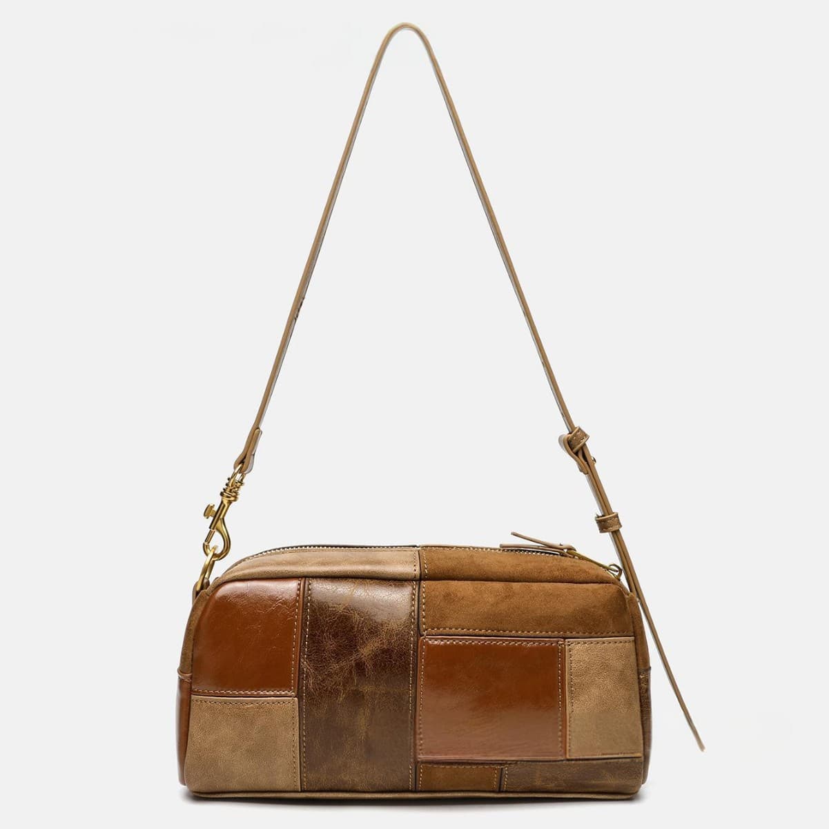 2026 Spanish Women's Bowling Bag, Niche Design Color-Block Shoulder Bag, Brown Casual Simple Contrast Color Bag