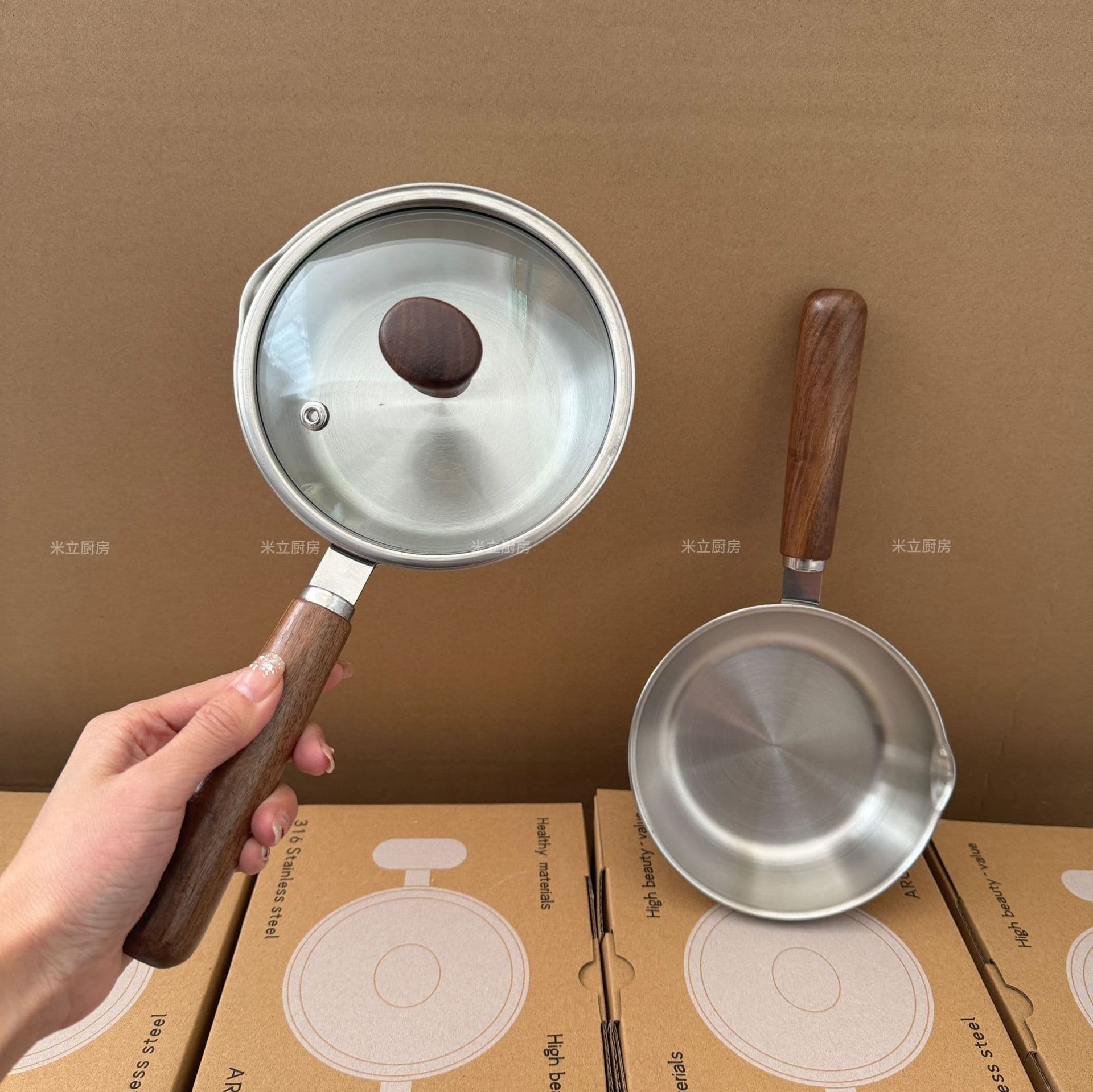 Mili Kitchen 316 Stainless Steel Walnut Wood Frying Pan, Non-stick Egg Fryer, Induction Cooker Compatible Steak Pan