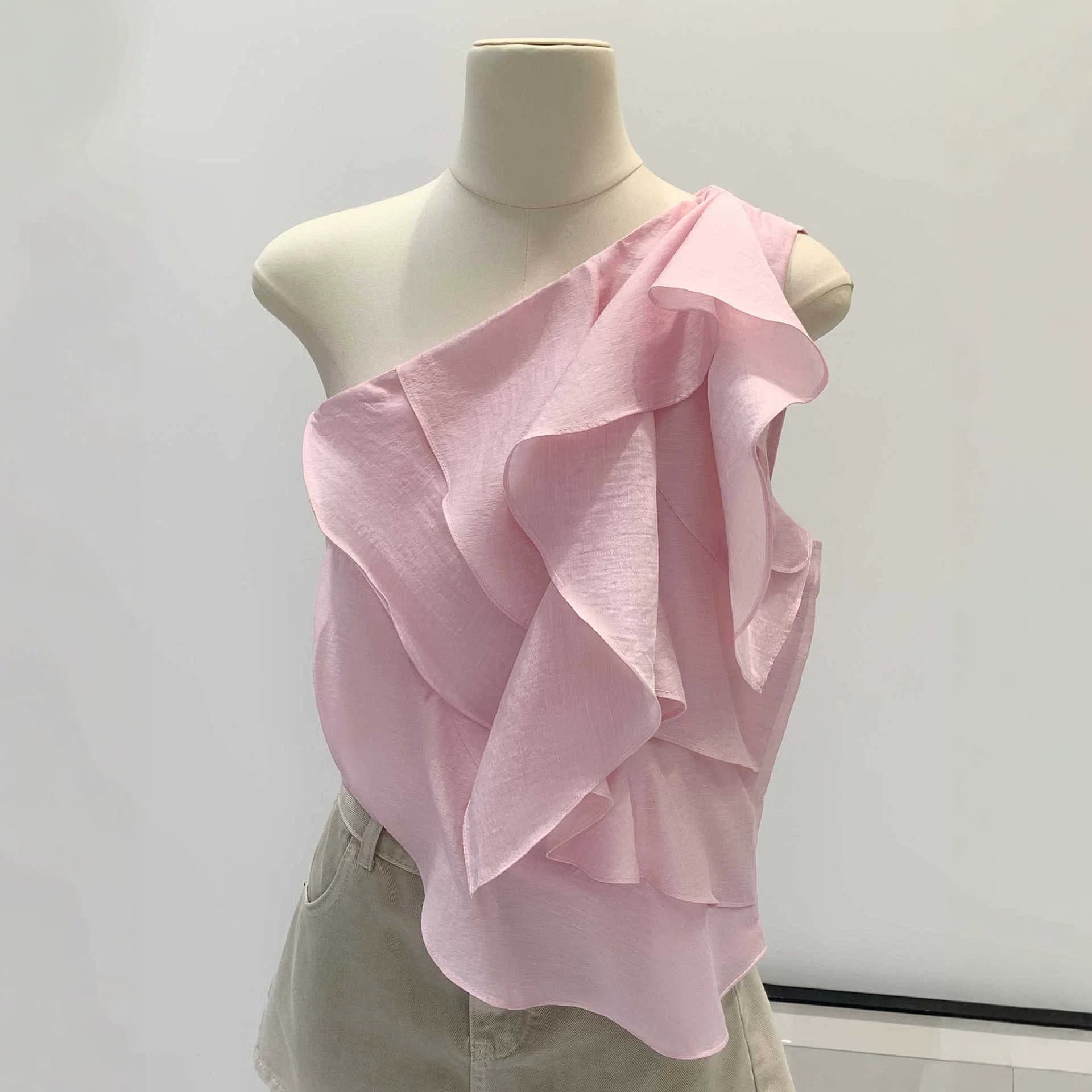Stunning Ruffle Pink Off-Shoulder Sleeveless Chiffon Blouse Women Summer 2026 New Beautiful Top