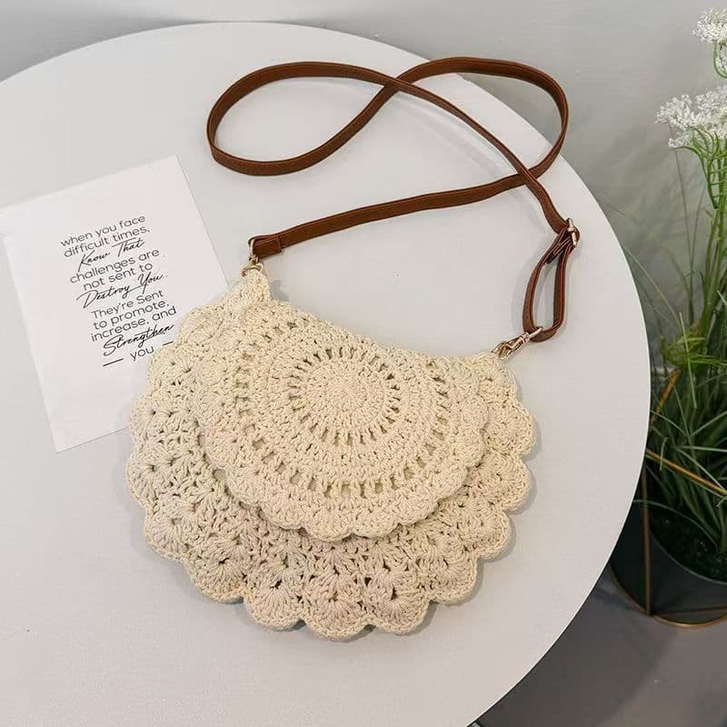 New Lace Round Crossbody Cotton Woven Bag Hollow Out Single Shoulder Straw Bag Beach Bag Cute Women's Bag Versatile