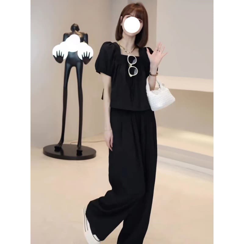 2023 Summer Elegant Slimming Bell Bottoms Matching Set Women's Fashionable Versatile Collar Puff Sleeve Blouse And Skirt