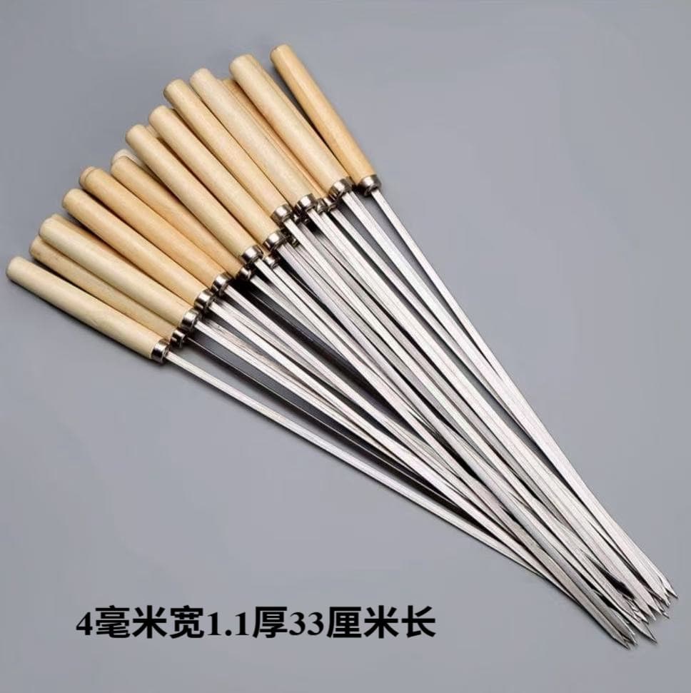 Stainless Steel BBQ Skewers with Wood Handle, Round and Flat Skewers for Lamb, BBQ Needles, Grilling Sticks, Wholesale