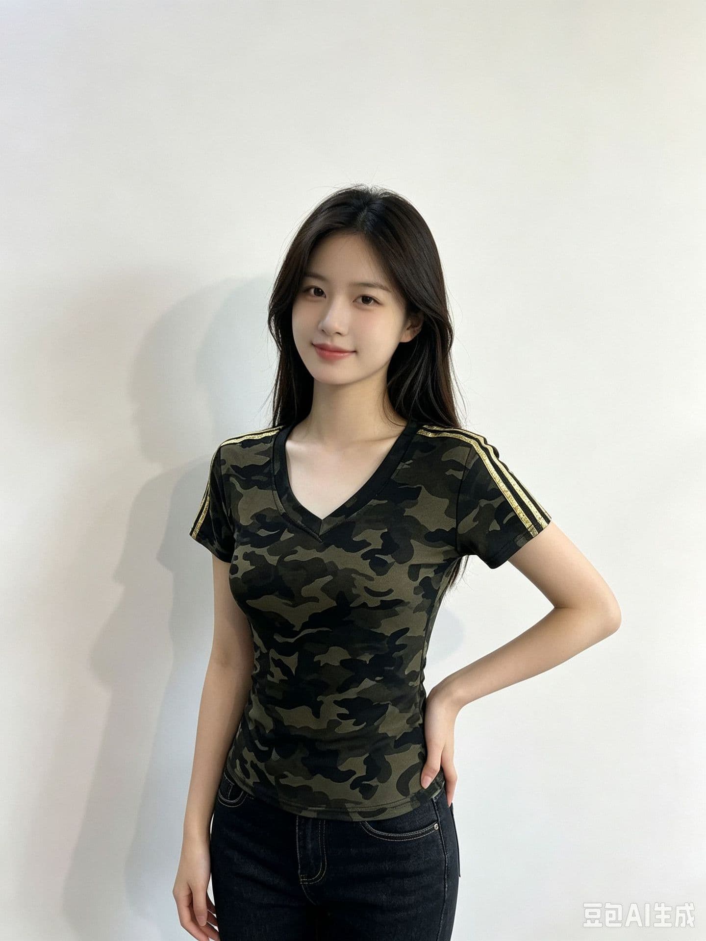 American Style Gold Camo Three-Stripe Color-Block Short-Sleeve T-Shirt for Women 2026 Summer Slim Fit V-Neck Cropped Top
