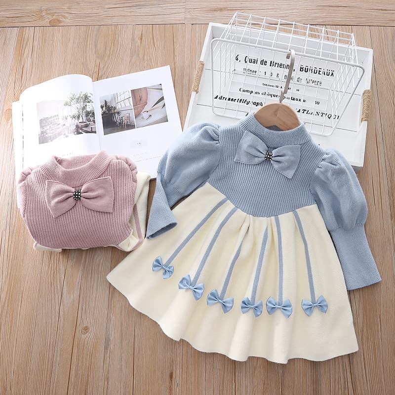 Autumn/Winter Girl's Court Style Puff Sleeve Knitted Princess Dress for Little Girls, Round Neck Dress