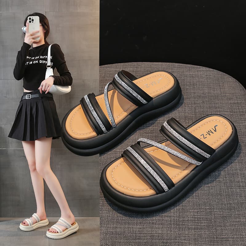 Fairy Rhinestone Thick-Soled Slippers for Women 2025 Summer New Style One-Strap Sandals Casual Women's Beach Sandals