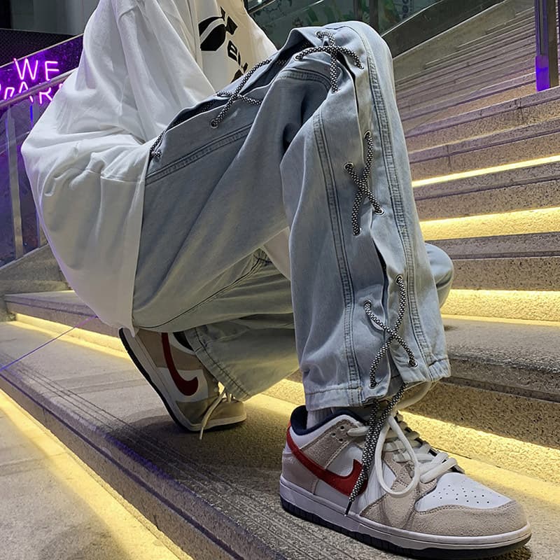 Men's spring and autumn trendy versatile straight pants loose denim trousers ins Hong Kong style hip-hop men's pants drawstring wide-leg pants