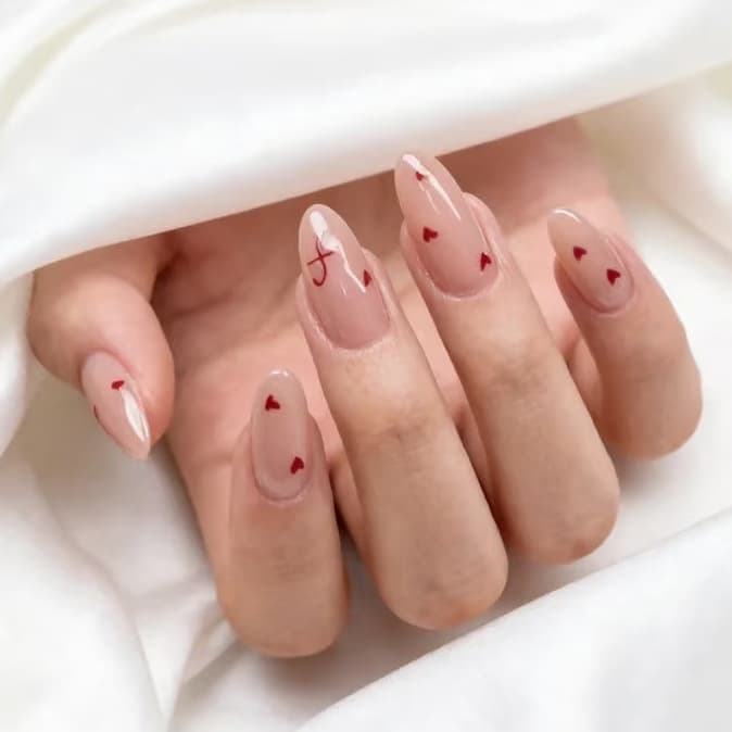 Hot-selling 24-piece nail art ice-clear nude base wine red heart sweet Valentine's Day almond press-on nails wholesale