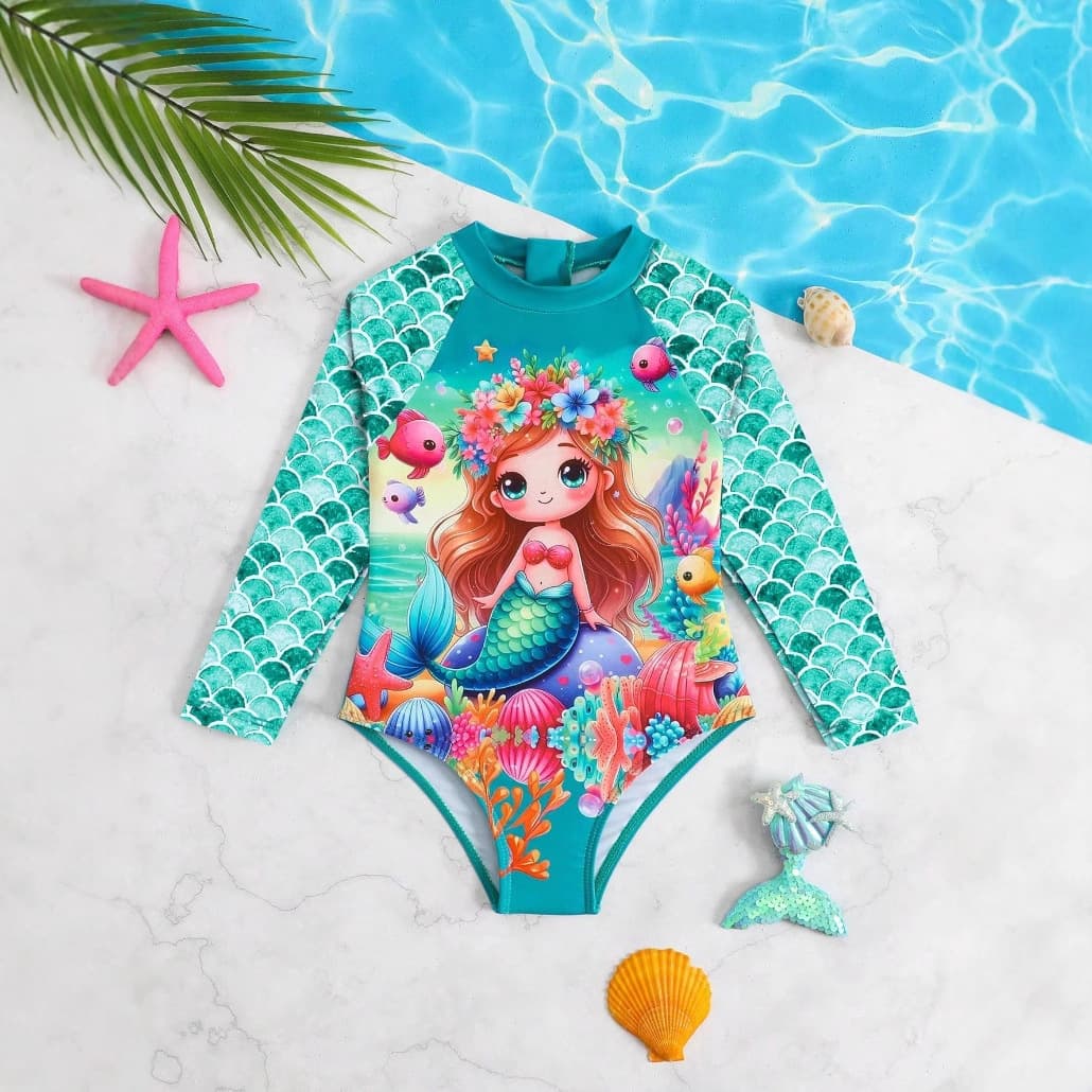 Children's Swimsuit Girls Long-Sleeve One-Piece Mermaid Print Small/Medium Kids Hot Spring Swimsuit