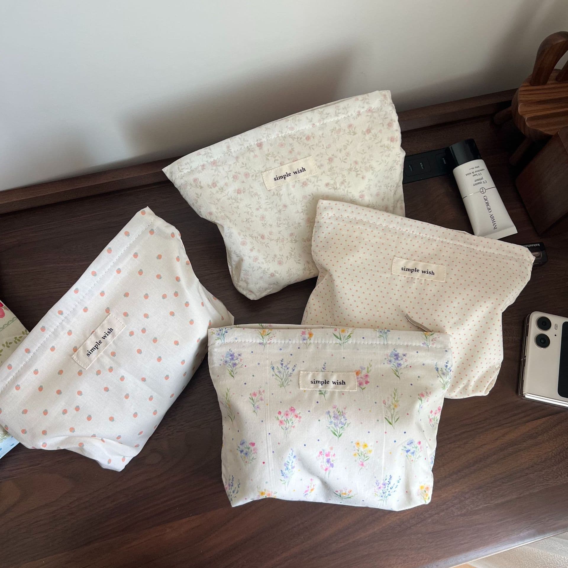 [Suxi Cloth Bag] Light Pink Polka Dot and Floral Combination Small Cotton Cloth Pouch Small Cosmetic Bag Zipper Storage Liner Bag