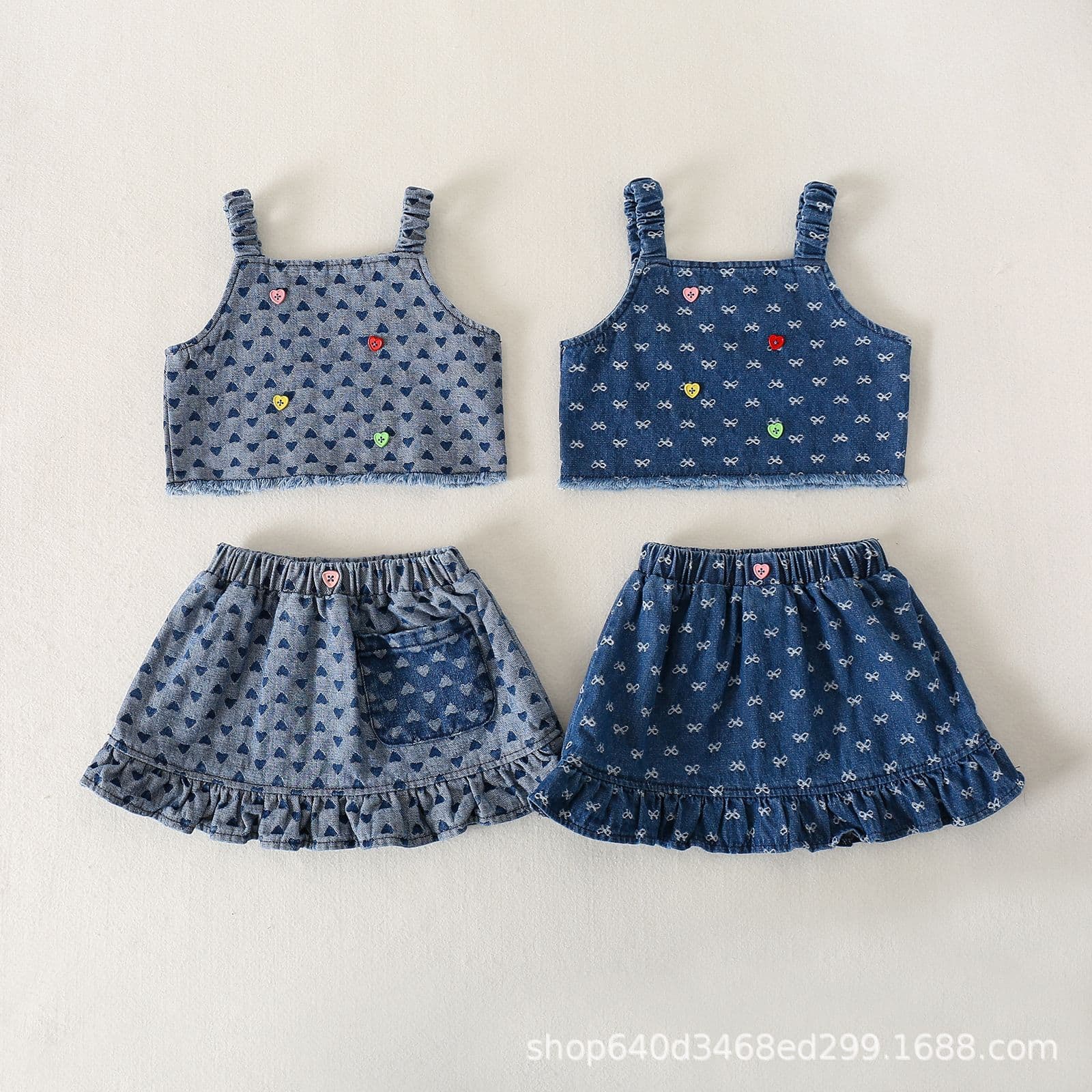 In Stock Children's Summer Clothing Girls Fashionable Set Heart Bow Denim Strappy Top Short Skirt Two-Piece