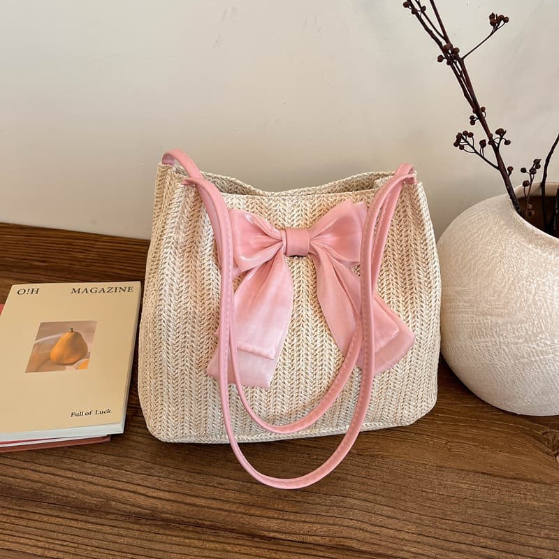Niche Design Straw Woven Bag for Women 2026 Large Capacity Stylish Casual Bow Single Shoulder Tote Bag Wholesale