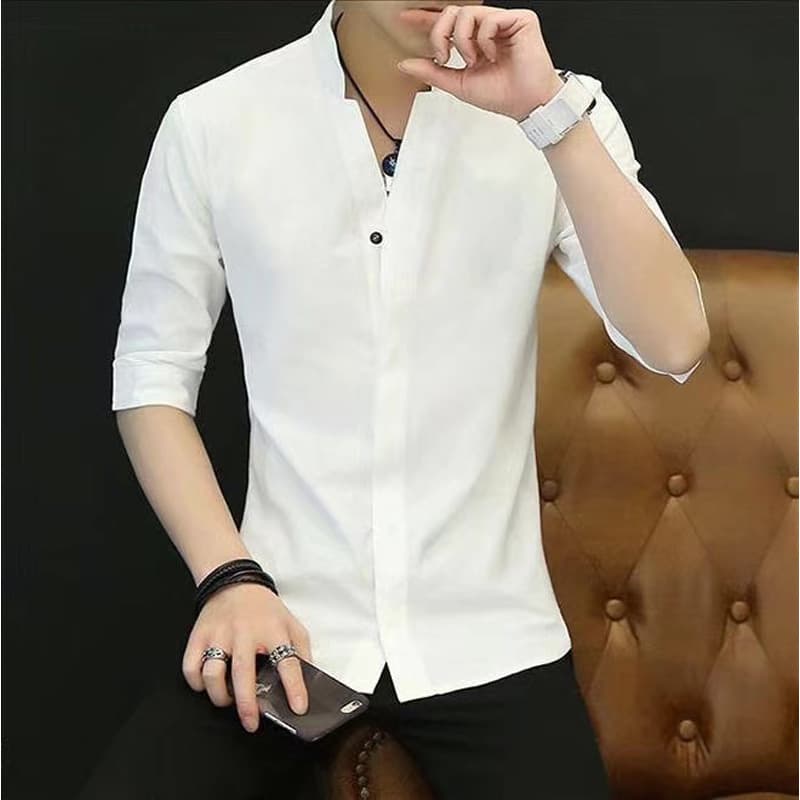 Summer men's stand-up collar short-sleeved shirts for young and middle-aged men Korean style casual slim student three-quarter sleeve tops trendy