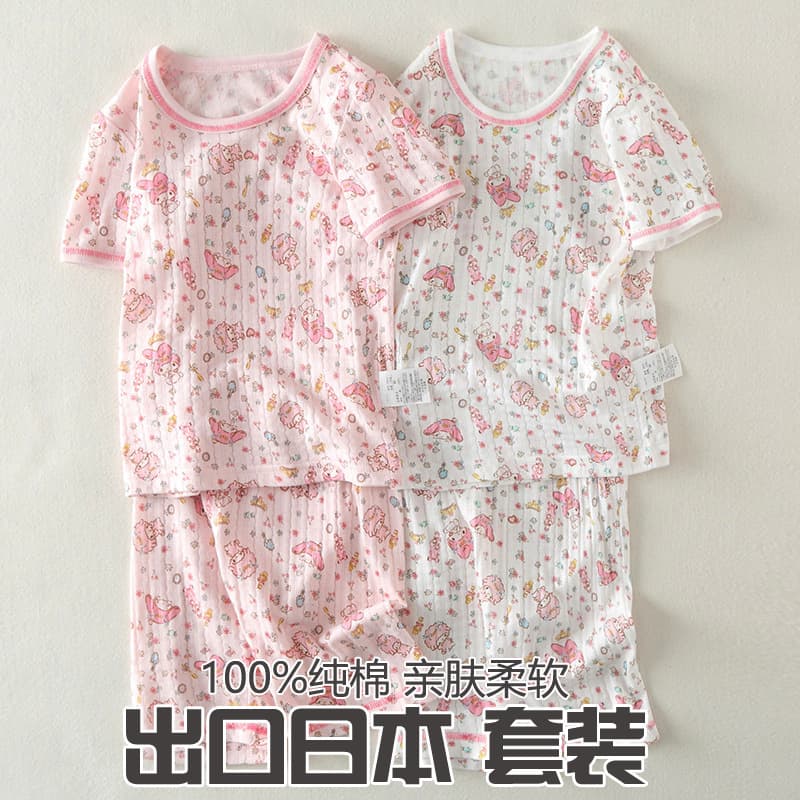 1 Set 2 Pack Girls Cotton Breathable T-Shirt Set Casual Homewear Baby Girl 5-Point Pajamas No Fluorescent