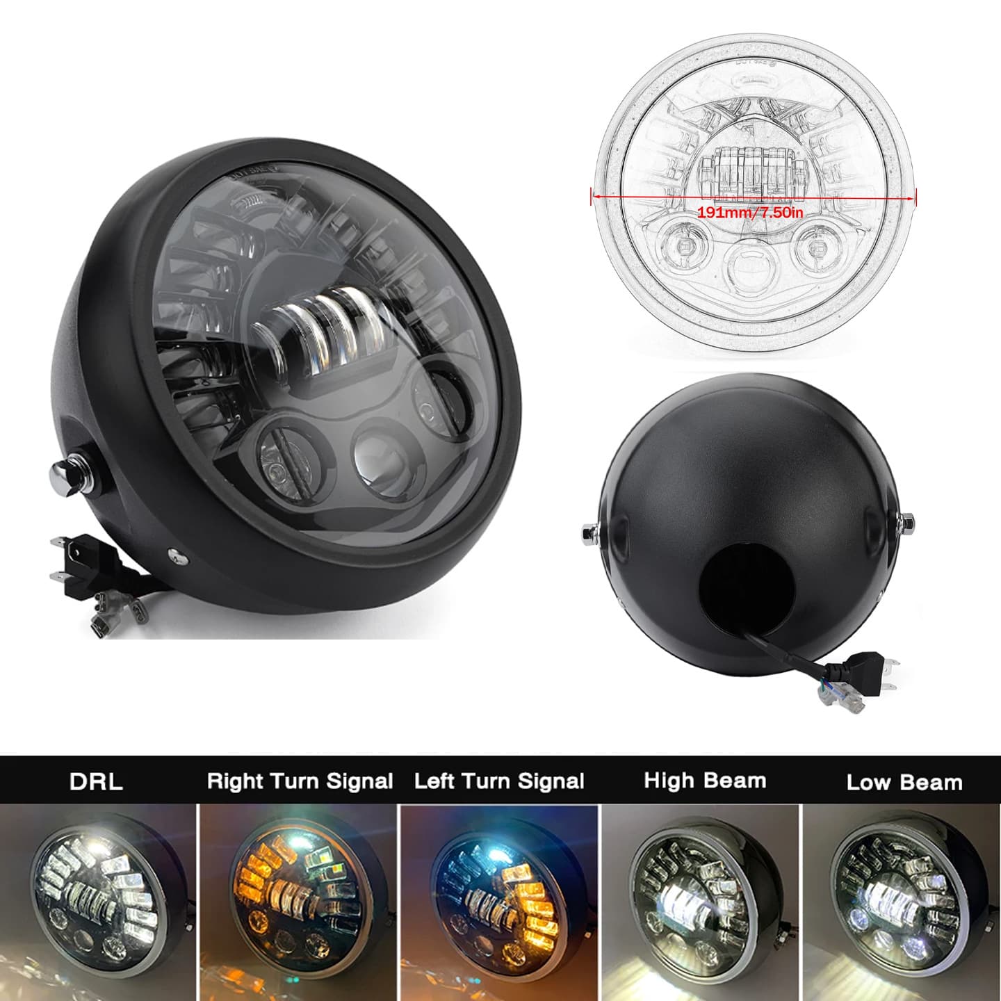 Harley Retro Motorcycle Modified LED Headlight Assembly 7.5 Inch Round Light High Low Beam Strong Light Lens Headlight