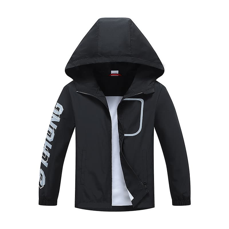 Boys' Outdoor Waterproof Breathable Hooded Long Sleeve Zip-Up Jacket Sports Fashion Reflective Coat