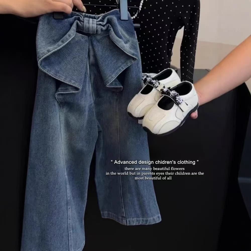 Girls' Loose-Fit Multi-Pocket Elastic Waist Wide-Leg Jeans, New Summer 2026 Style with Bow Denim Long Pants