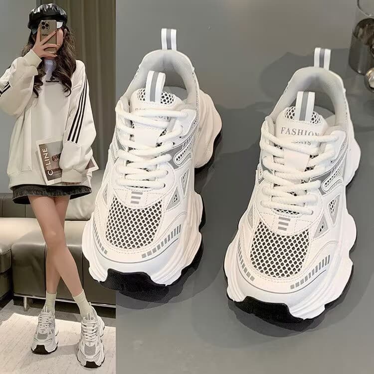 Dad Sneakers Women 2025 Spring Summer New Mesh Shoes Breathable Mesh Thick Sole White Casual Running Sports Shoes