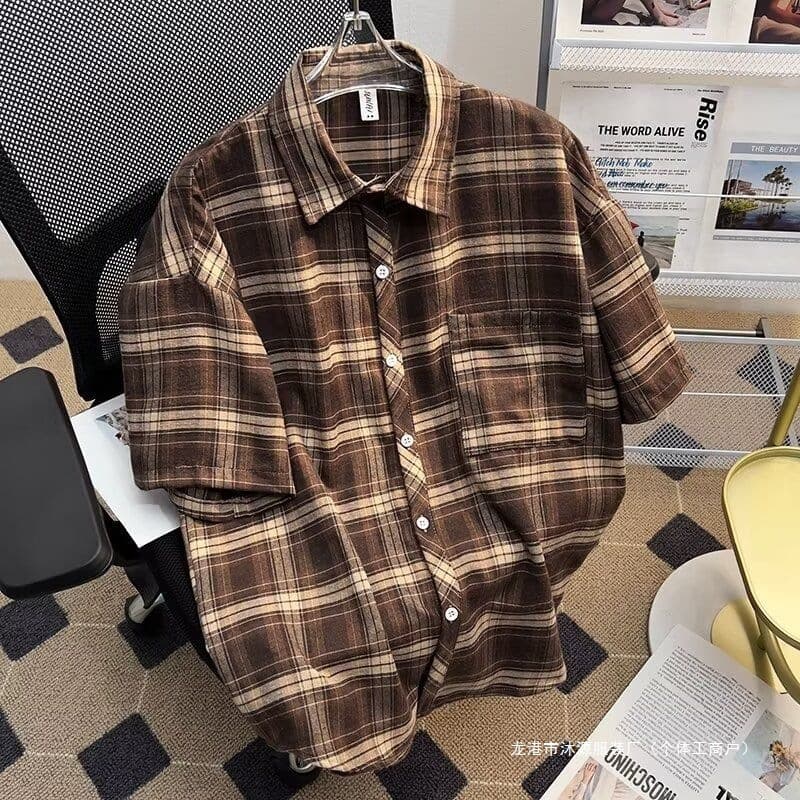 Spring, Autumn, and Summer Retro Loose Plaid Shirts for Couples, Brown and Navy Blue Short-Sleeve Japanese-Style Square Collar Shirts