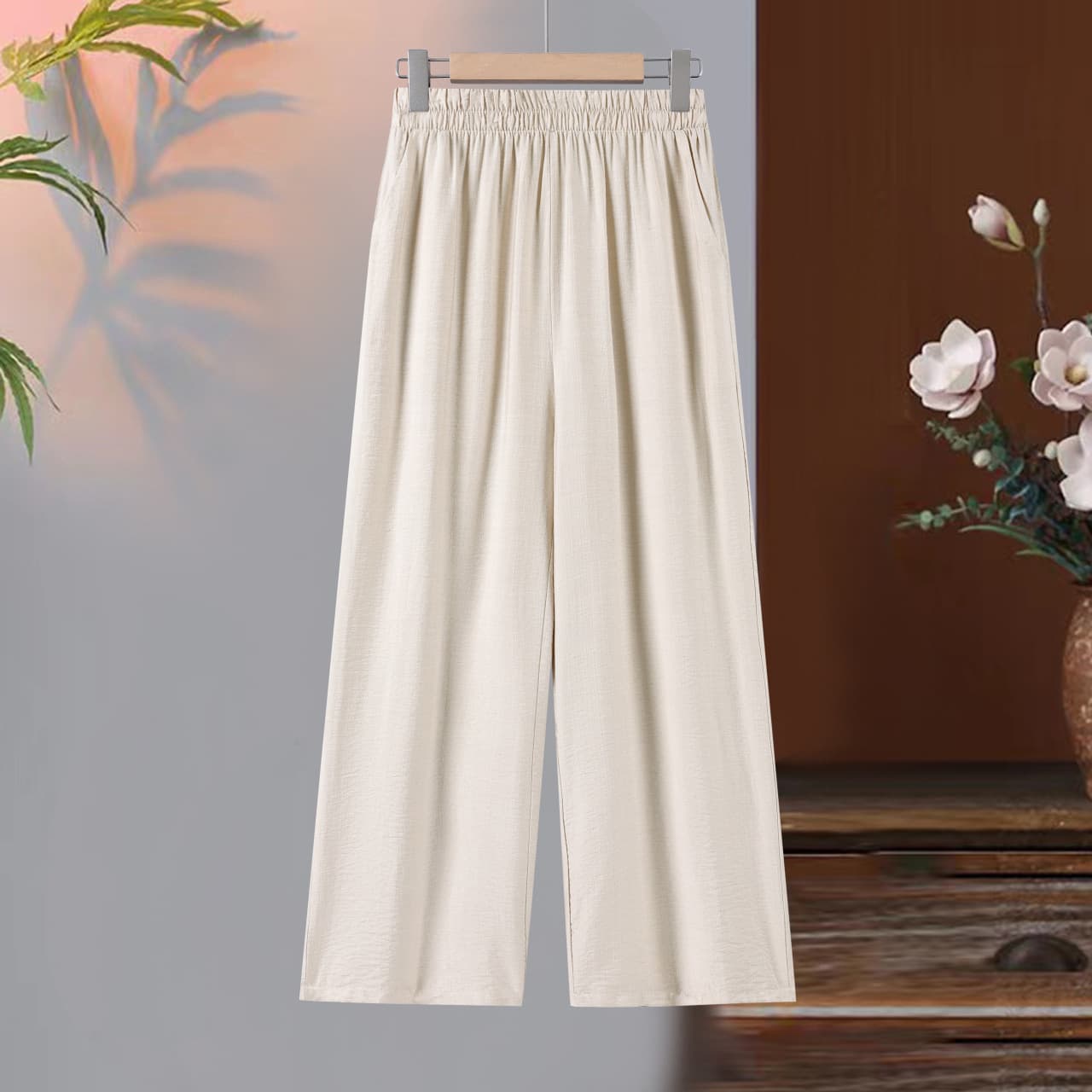 Cotton and Linen Wide-Leg Pants for Women, Summer Thin Loose Breathable Mom Straight Pants with Elastic Waist, Casual High-Waist Ankle-Length Trousers