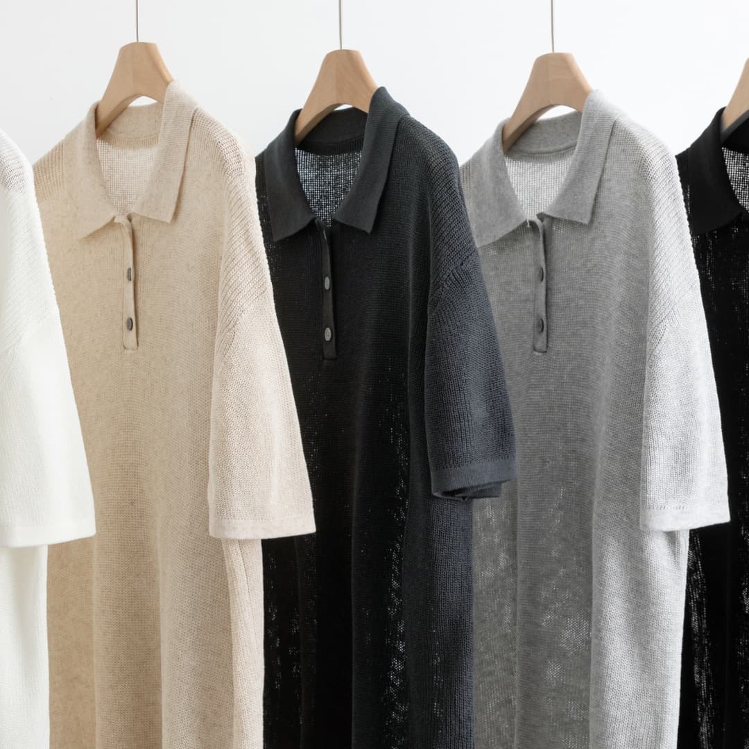 Mid-Length Polo Collar Knit Top, Linen and Tencel, Loose Fit, Slimming, Relaxed Style, Half-Open Collar, Elegant, Short-Sleeved, Unisex