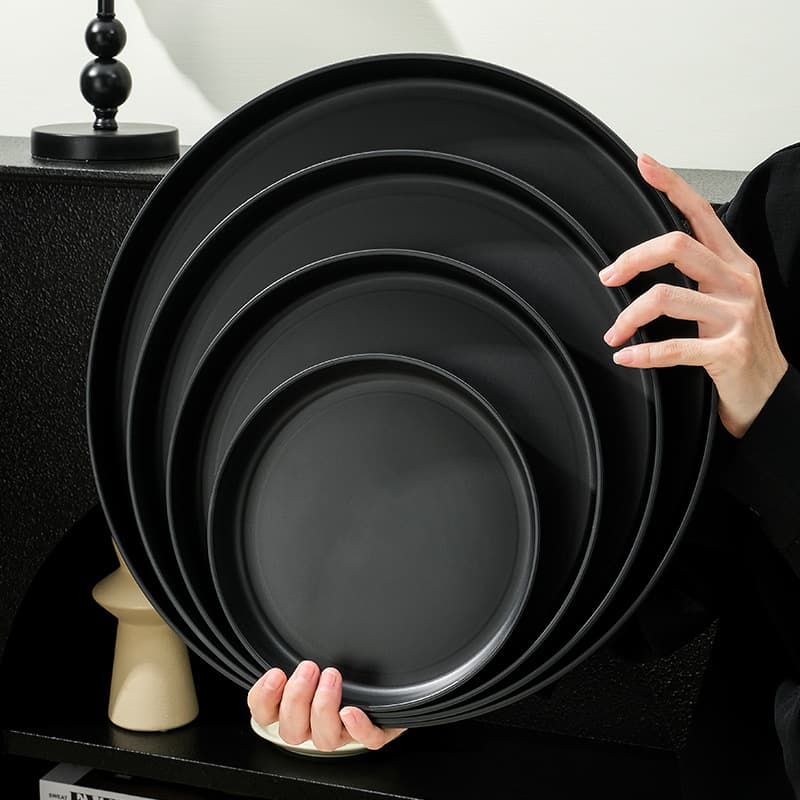 Round Black Commercial Tray for Kindergarten Meal Service, Cosmetic Storage Plate, Etiquette Plate, Fruit Dish