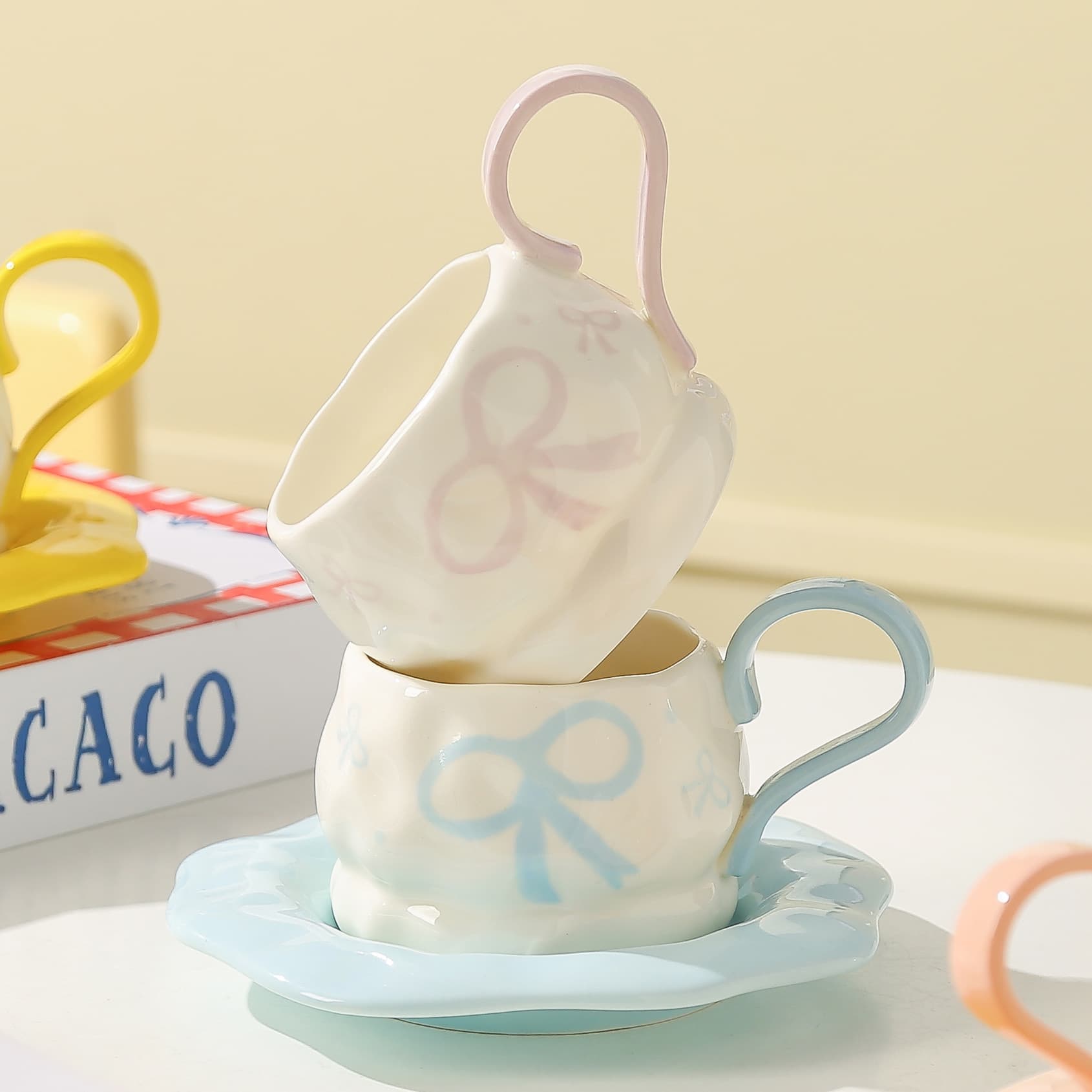 Hand-painted Bow Cup and Saucer Set, Cute Ceramic Coffee Cup and Saucer Set, Gift for Women, Souvenir Cup