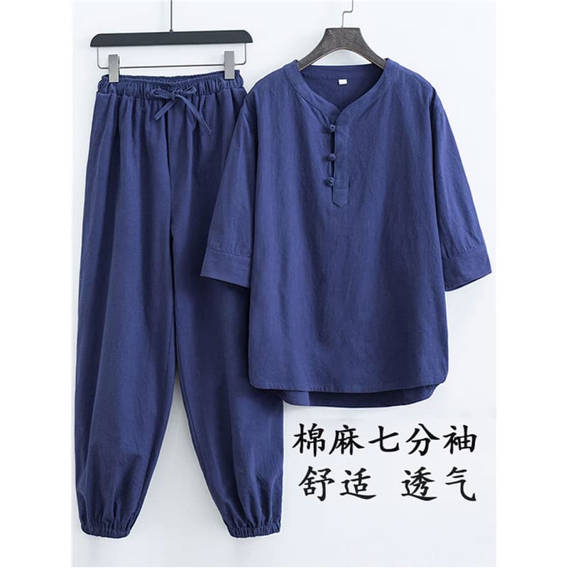 Tuer lay Buddhist attire men's Chinese Zen-inspired plain clothing set, cotton-linen Taoist robe, worship clothes, Zen attire women's meditation wear