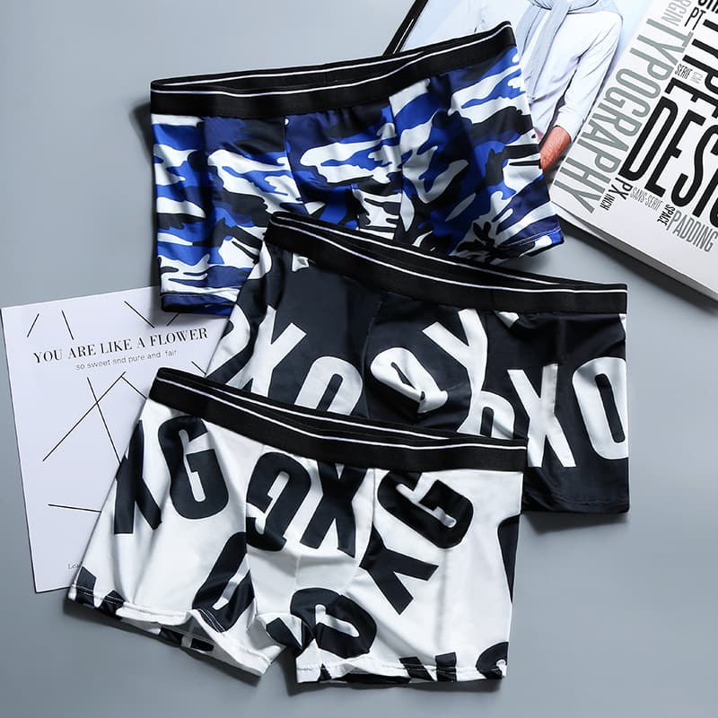 Men's Ice Silk Boxer Briefs, Summer Thin Breathable Printed Underwear, Men's Antibacterial Lining