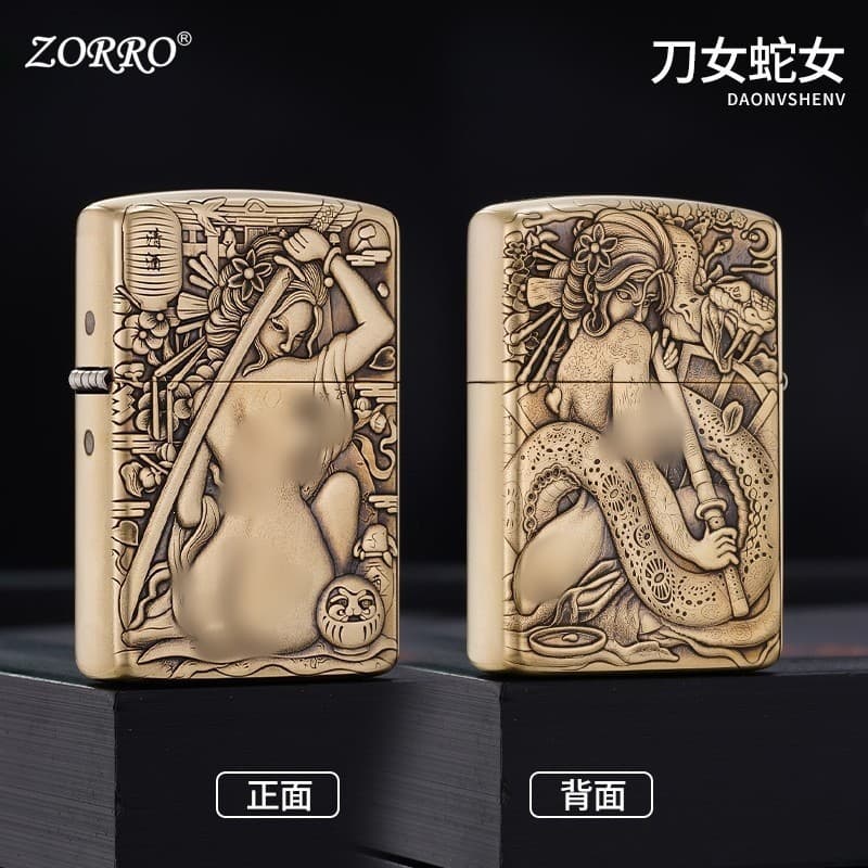 Zorro Upgraded Thickened Pure Copper Double-Side Relief Beauty Series Sword Woman Pattern Kerosene Lighter, Drop Shipping