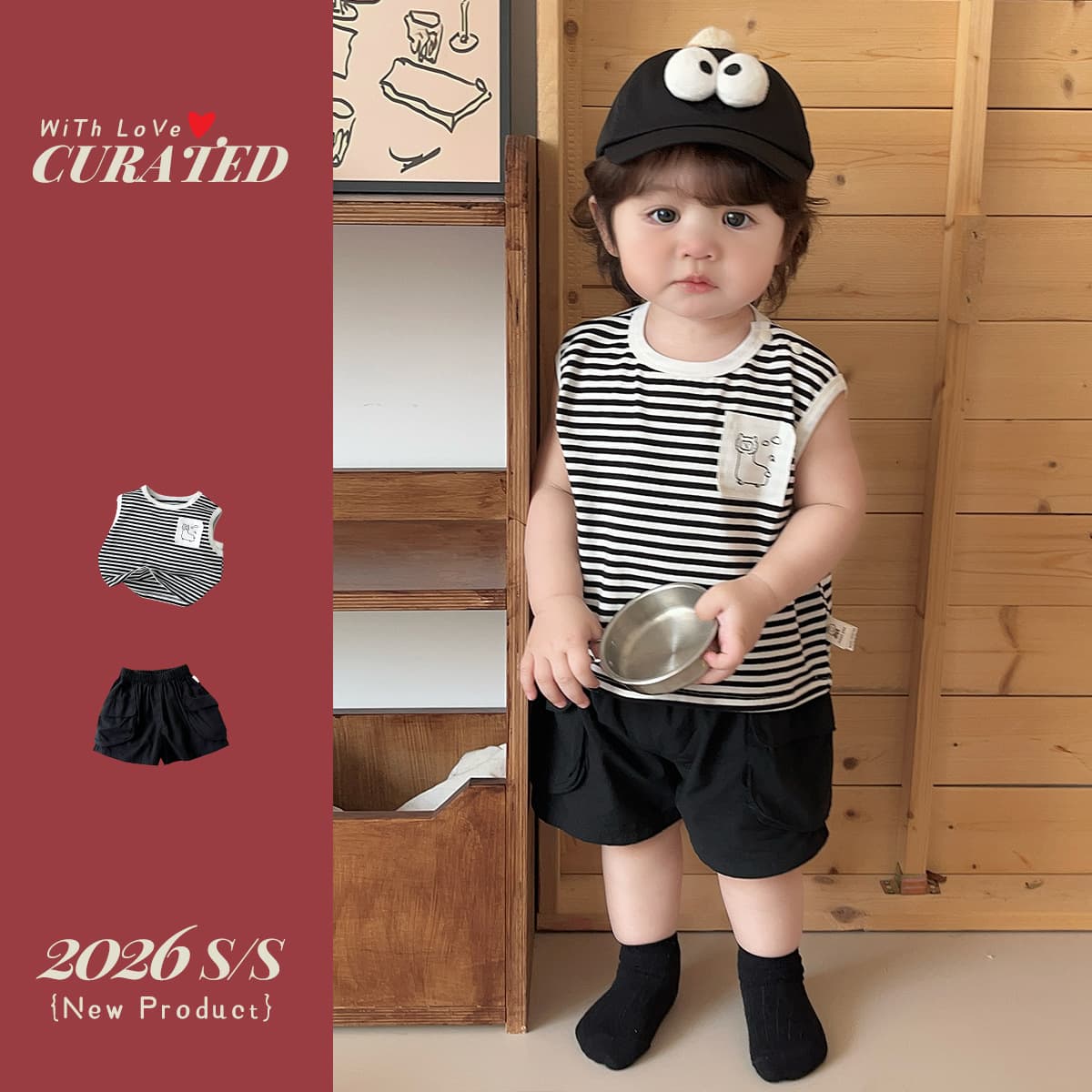 Summer children's clothing boys striped casual vest tops Category A T-shirt solid color shorts versatile sports suit