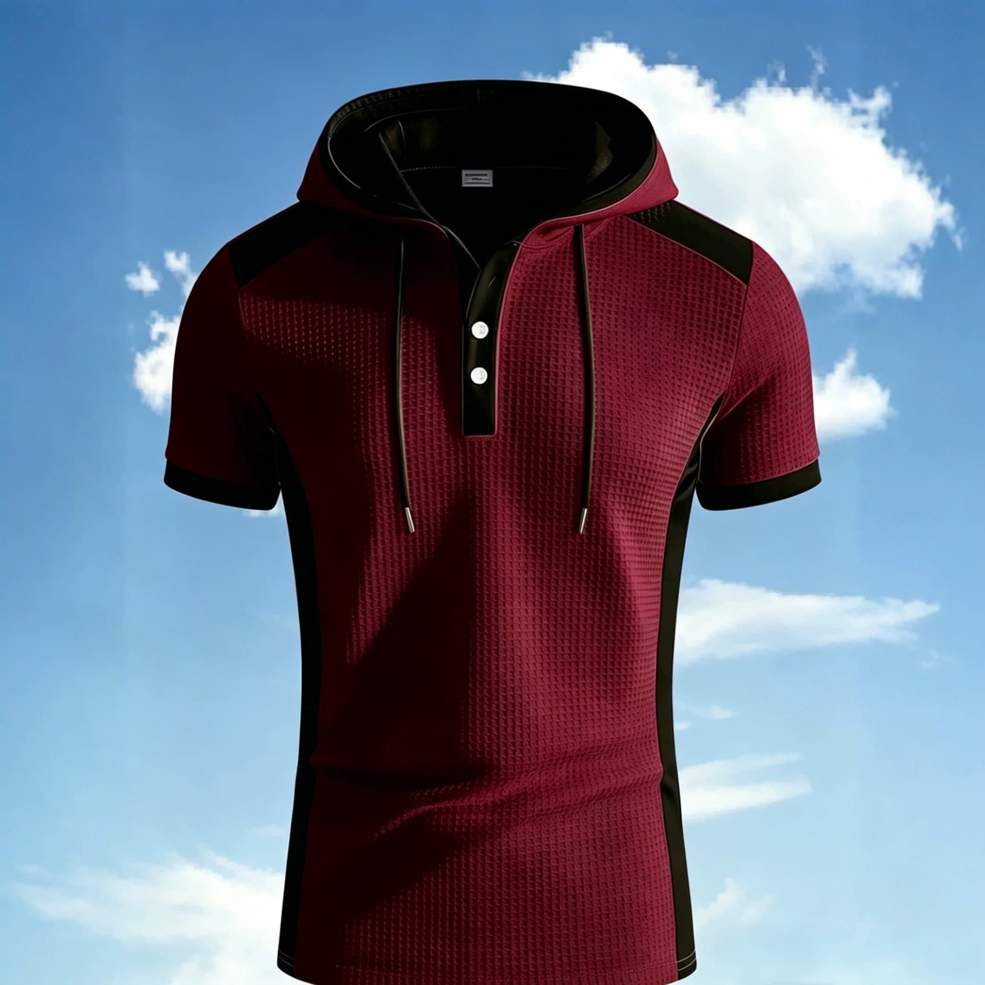 New EU Size Men's Hooded T-Shirt Casual Color-Block Spliced Hooded Men's Casual Sports Waffle Short-Sleeve Top