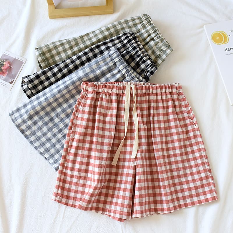 New Summer Couple Shorts Pure Cotton Plaid Men's 5-Point Pants Washed Cotton Women's High-Waist Sleep Pants Wearable Outside