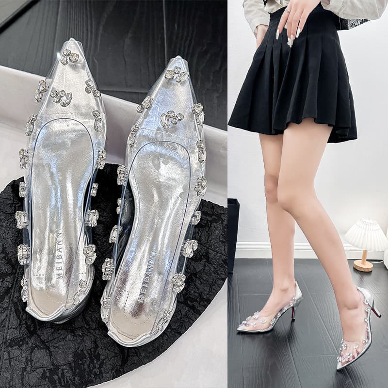 European and American style rhinestone high heels for women 2026 summer new pointed toe silver women's shoes transparent temperament stiletto shoes for women