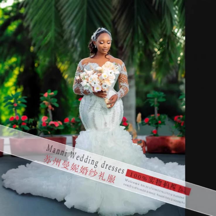 Amazon New Foreign Trade Wedding Dress Cross-border African Bride Deep V Rhinestone Lace Long-Sleeve Wedding Dress