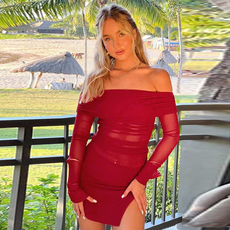 JY24451 Elegant Mesh One-Shoulder Split Dress for Women, Fashionable Sexy Slightly Sheer Fitted Bodycon Long Dress