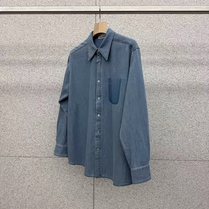 Korean Dongdaemun 2026 Spring AT THE BAGEL Pure Cotton Distressed Relaxed Fit Versatile Denim Shirt