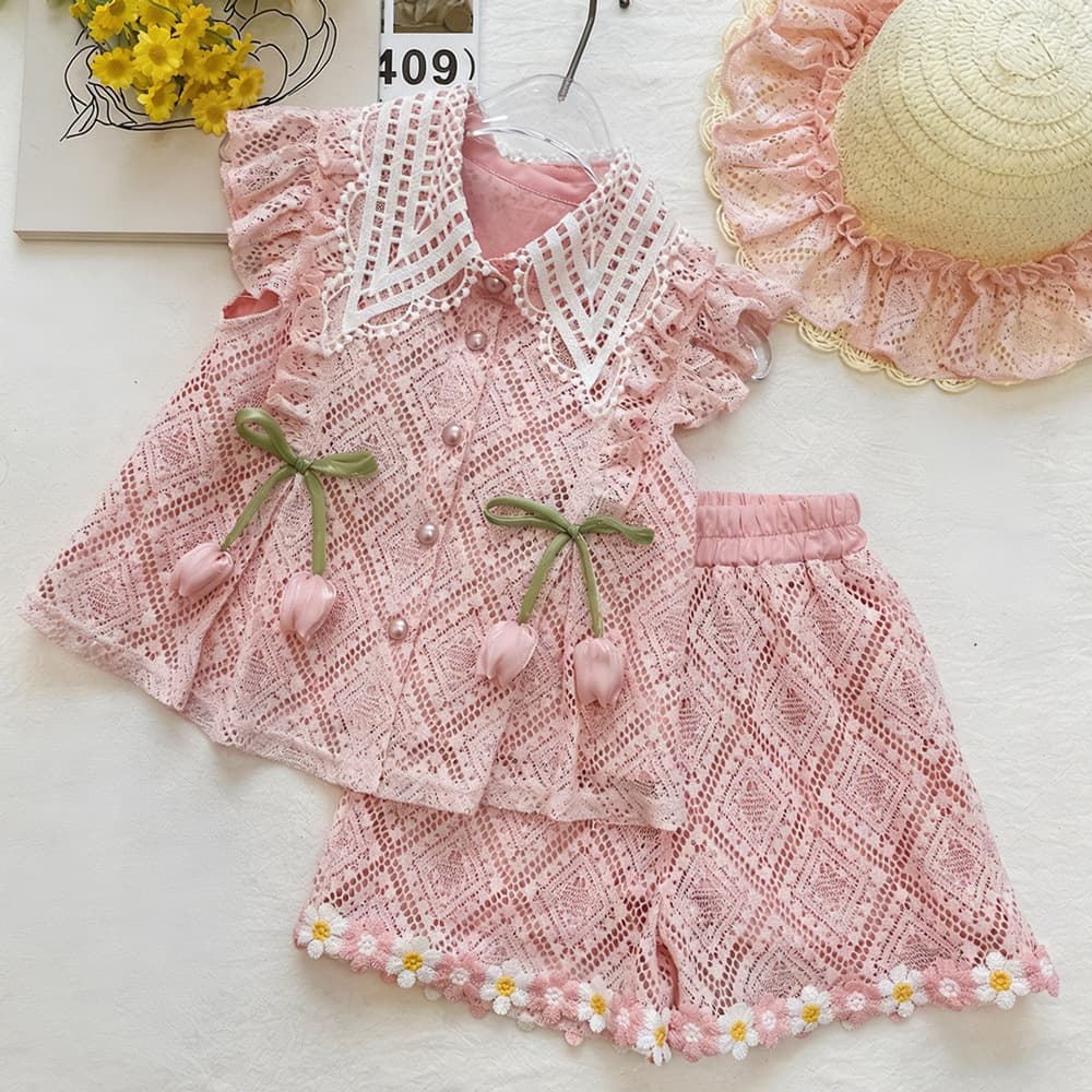 Girls Pink Water-Soluble Lace Set Summer Tulip 3D Flower Fly Sleeve Daisy Scalloped Shorts Two-Piece Set
