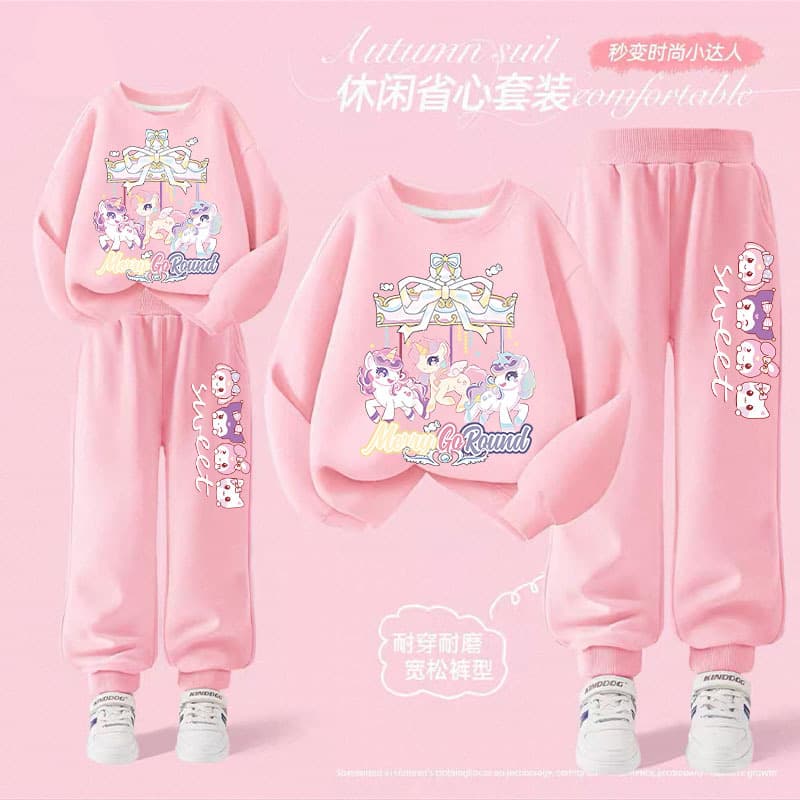 Girls Spring Autumn Korean Style Cartoon Hoodie and Pants Set for Older Kids, New Casual Versatile Two-Piece Outfit