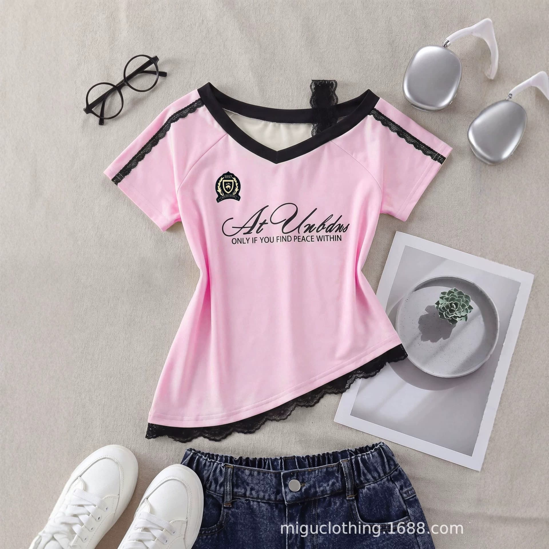 Factory Pure Desire Lace Slanted Shoulder Short Sleeve T-shirt Girls Summer Short Slim Waist Sweet Hot Girl Versatile Top