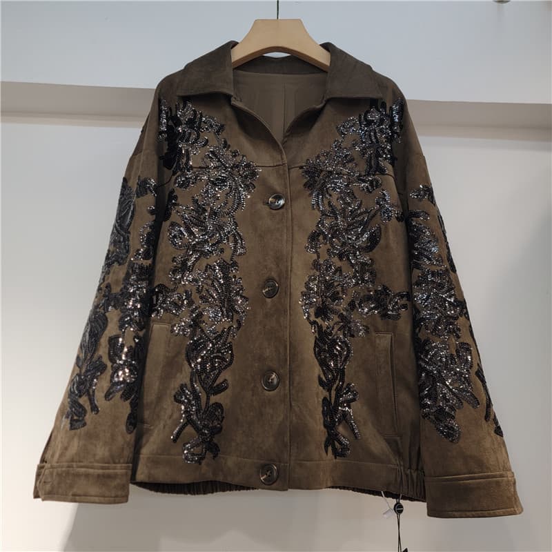 Retro brown suede jacket for women Heavy black sequin embroidered lapel loose short imitation deerskin velvet jacket