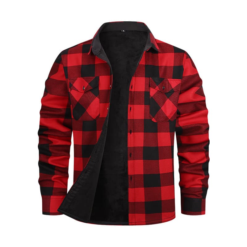 New Cross-Border Amazon Fleece Thermal Shirt for Men, Thick Flannel Brushed Plaid Long Sleeve Shirt