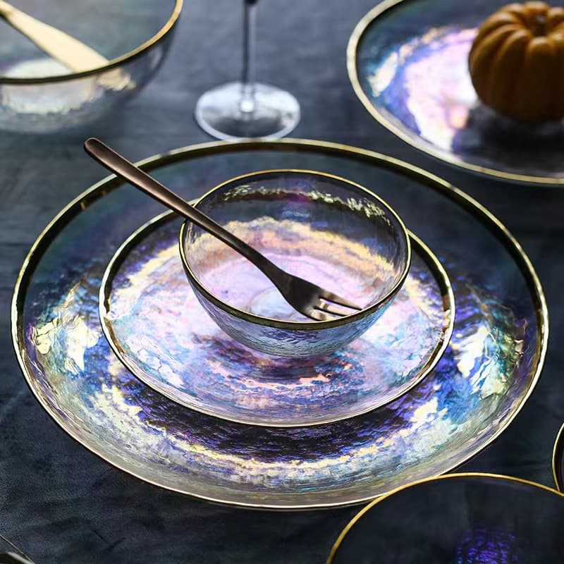 Phnom Penh Glass Bowl Salad Bowl Household Transparent Dish Colorful Dish Round Fruit Plate Western-style Tableware Set