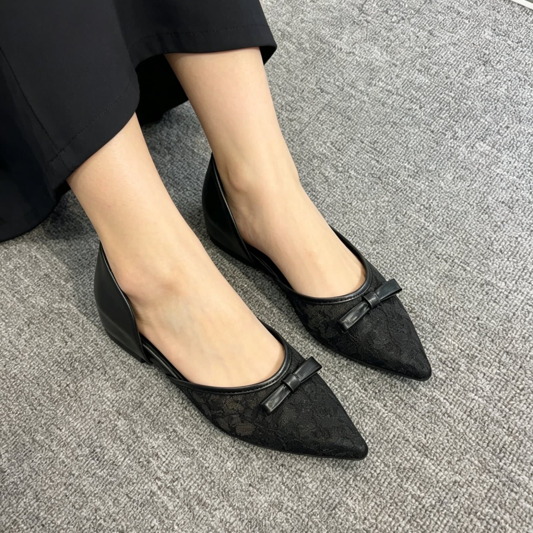 Spring, summer and autumn new style black sardine bow pointed toe hollow stiletto sandals feminine evening high heel sandals