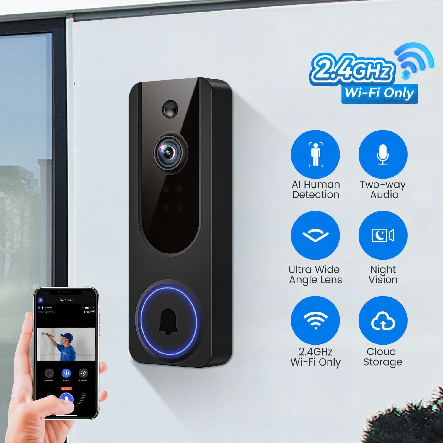 Video Doorbell Camera Wireless WiFi HD Night Vision Smart Doorbell Electronic Door Viewer with Two-Way Audio