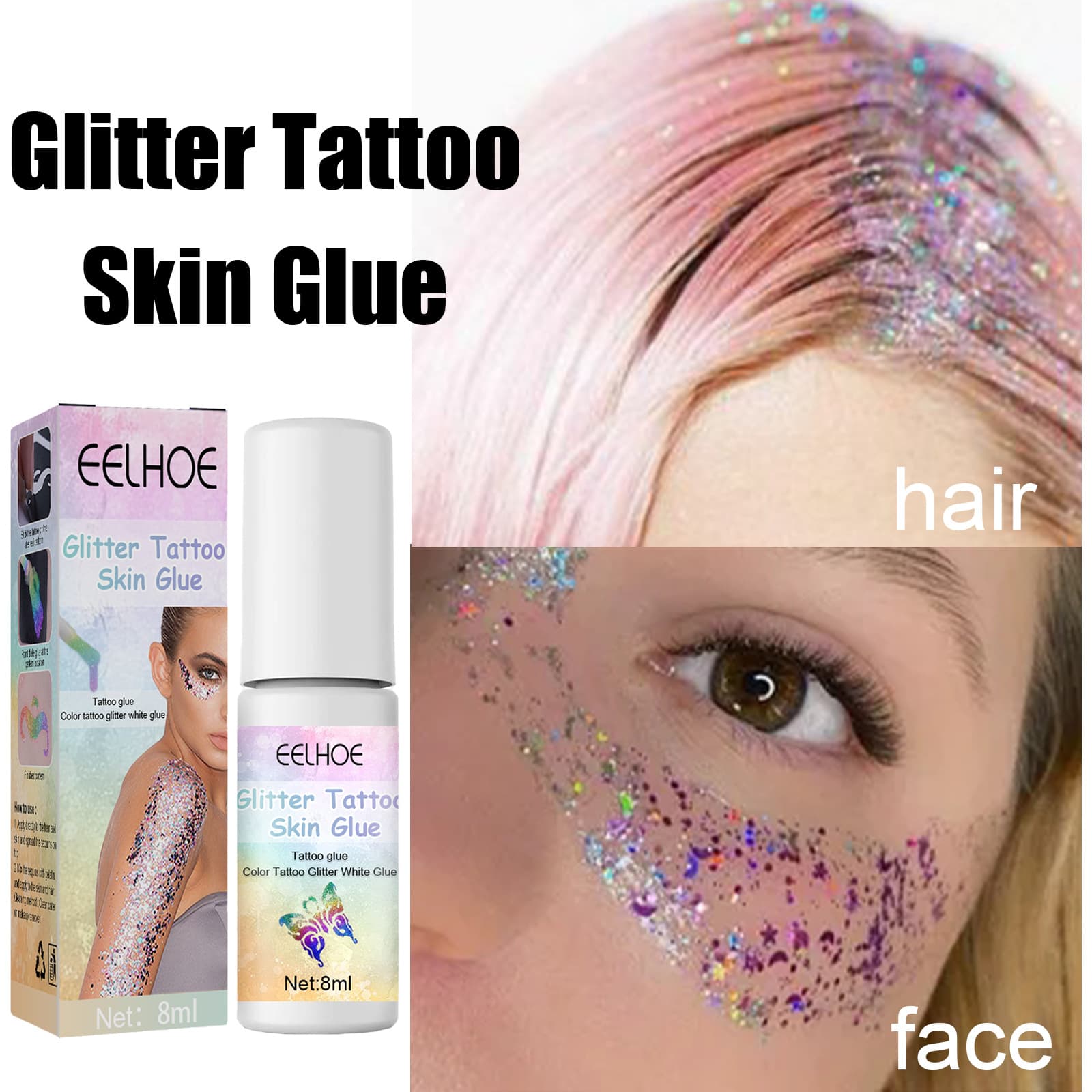 EELHOE Glitter Tattoo Skin Gel - Face & Body Painting, Eye Makeup, Glitter Skin Glitter Tattoo Gel