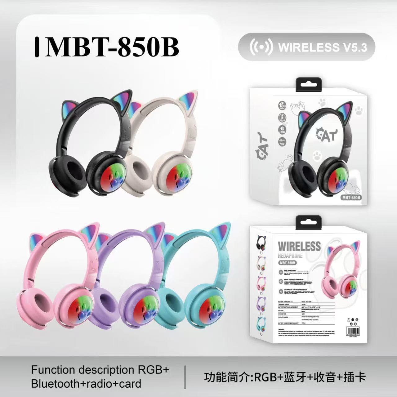 New 850B Cute Cat Ear Over-Ear Bluetooth Headphones Wireless RGB Gaming Headset Hot Selling