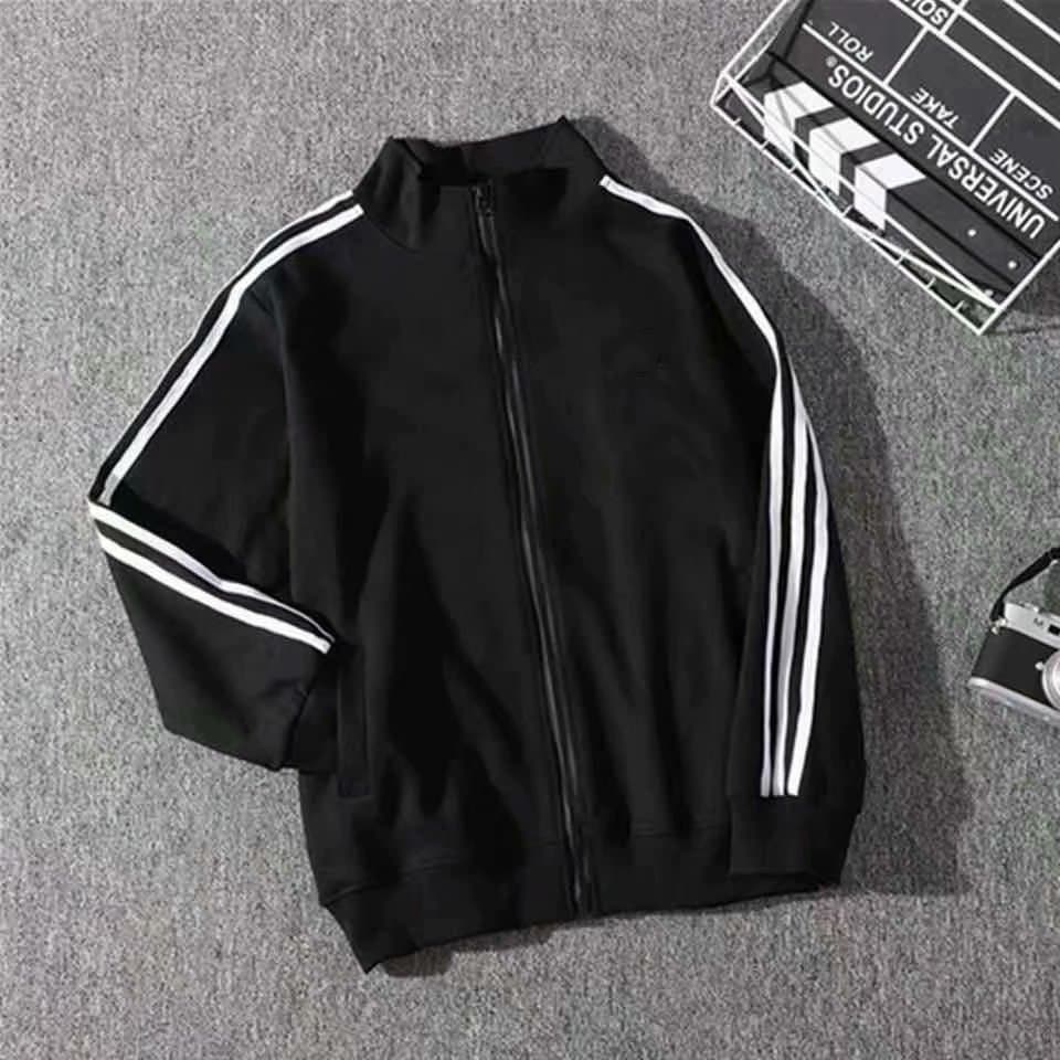 Guochao Brand Basic Three-Stripe Black Full-Zip Hoodie Spring/Autumn Unisex Simple Style Versatile Solid Color Jacket