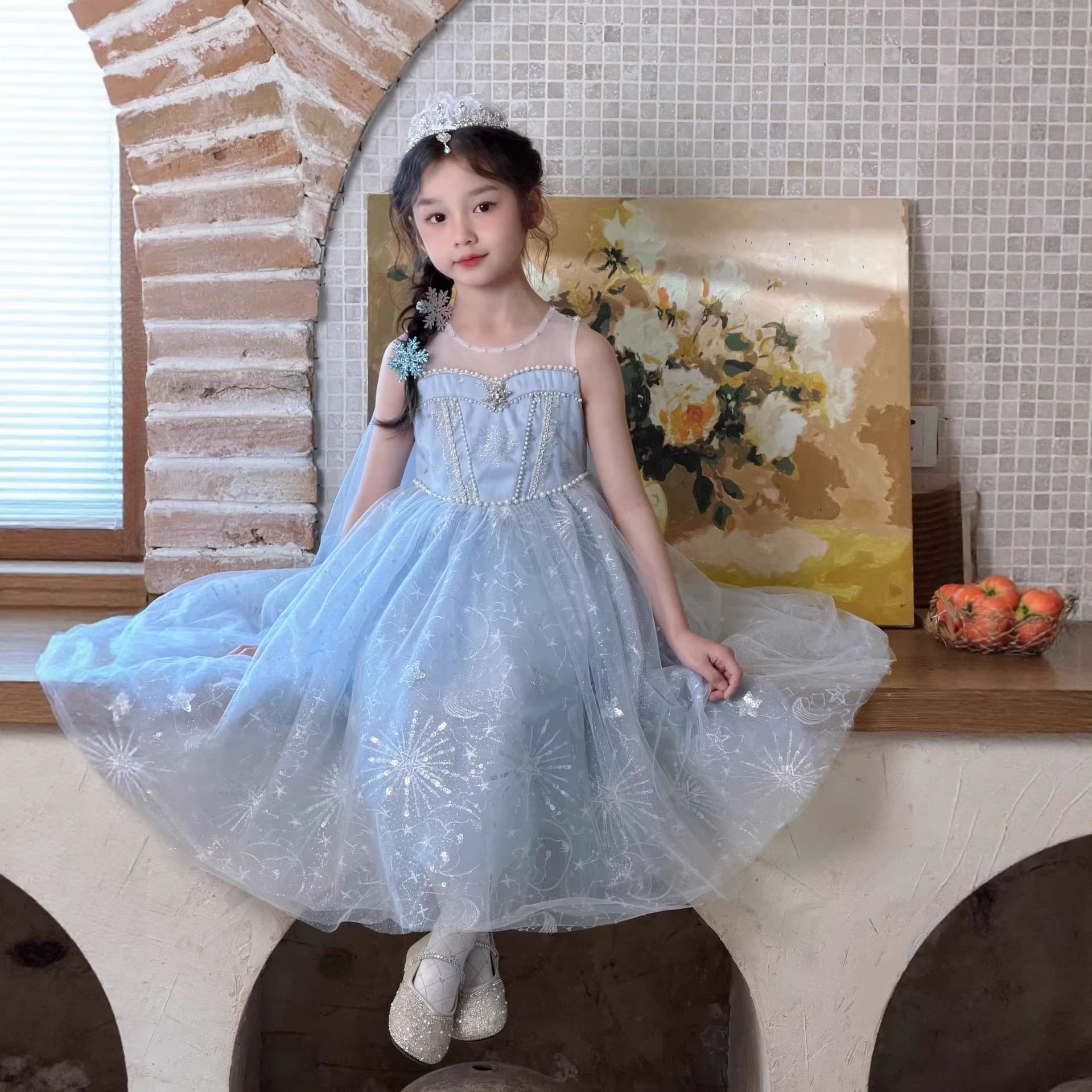 Girls Elsa Princess Dress Summer New Frozen Elsa Cape Mesh Dress Birthday