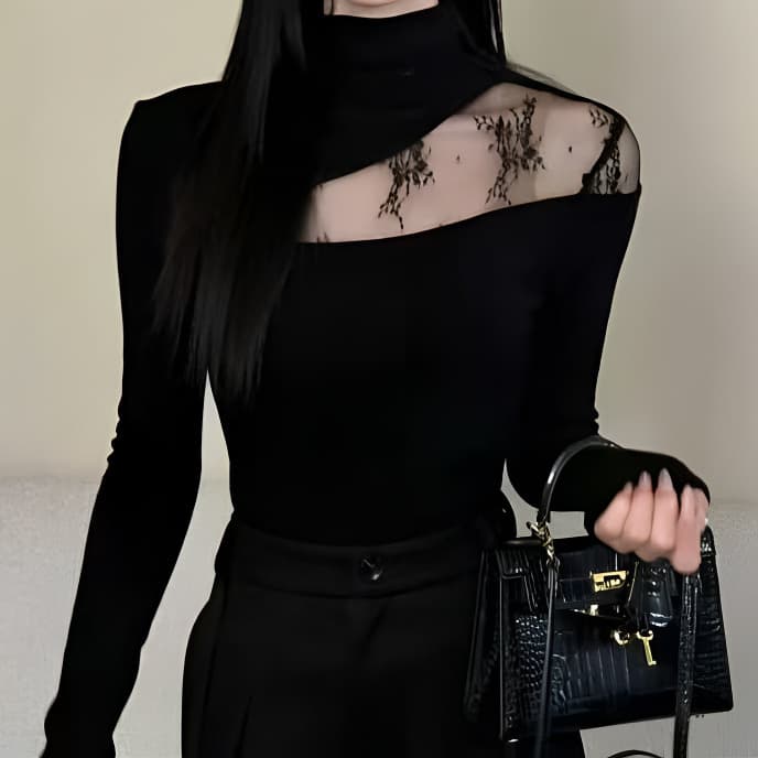 2026 Autumn/Winter New Fashionable Stand Collar Mesh Patchwork Long Sleeve T-Shirt for Women Stylish Versatile Base Top
